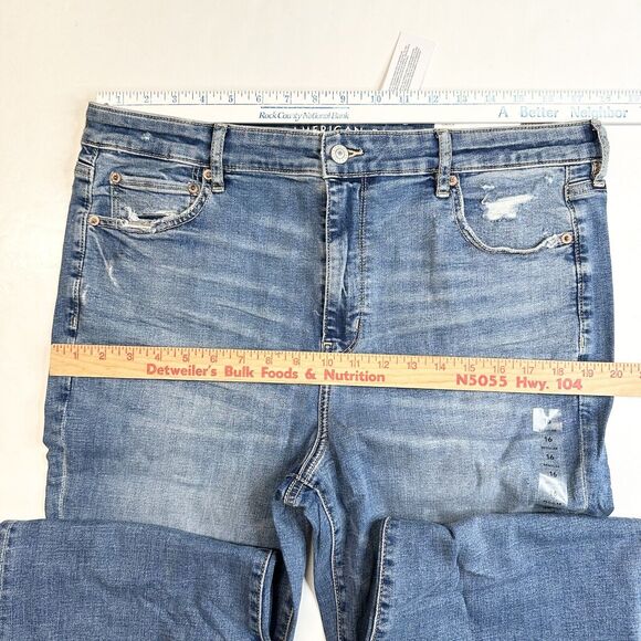 American Eagle Super Hi-Rise Flare Jeans 16 Stretch Blue Denim Distressed NEW - Picture 7 of 11
